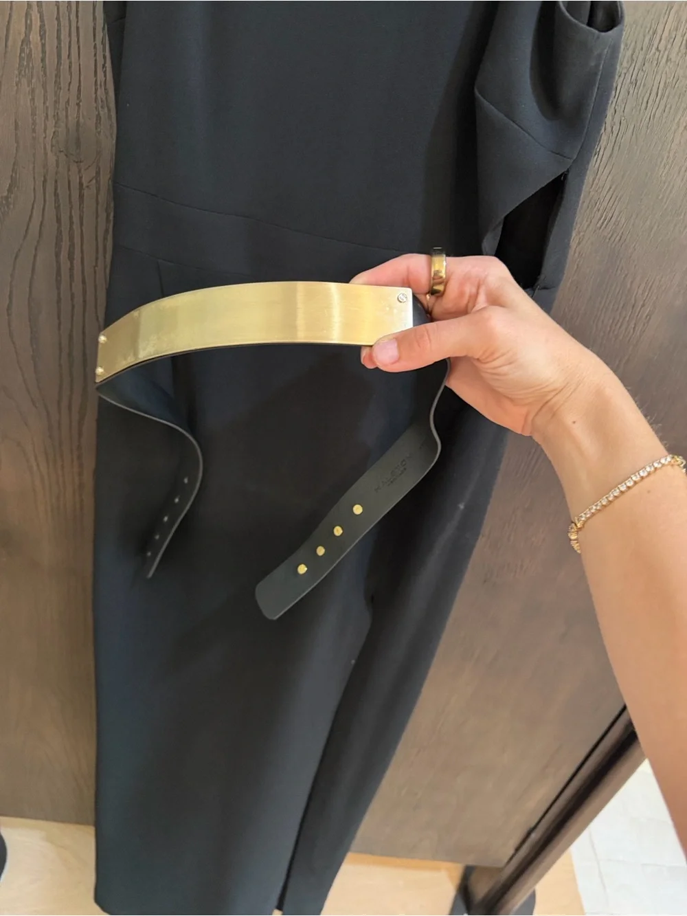 Halston Heritage Black One-Shoulder Gown with Gold Waistband - Picture 3 of 9